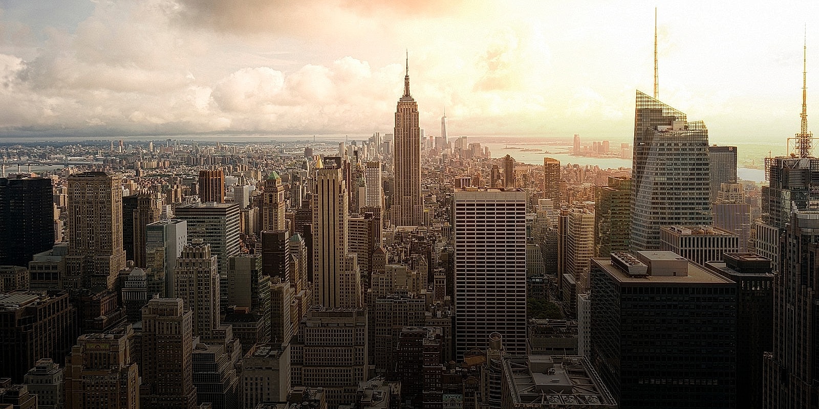 New York City skyline at sunset.